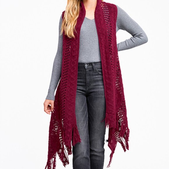 Burgundy Red Crochet Knit Boho Open Front Cardigan - Picture 1 of 7